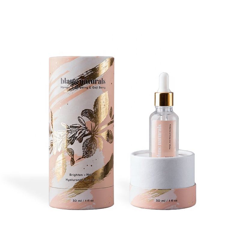 A cylindrical paper tube with a design that includes butterflies and floral elements in a soft color palette, which is designed to hold skin care serum