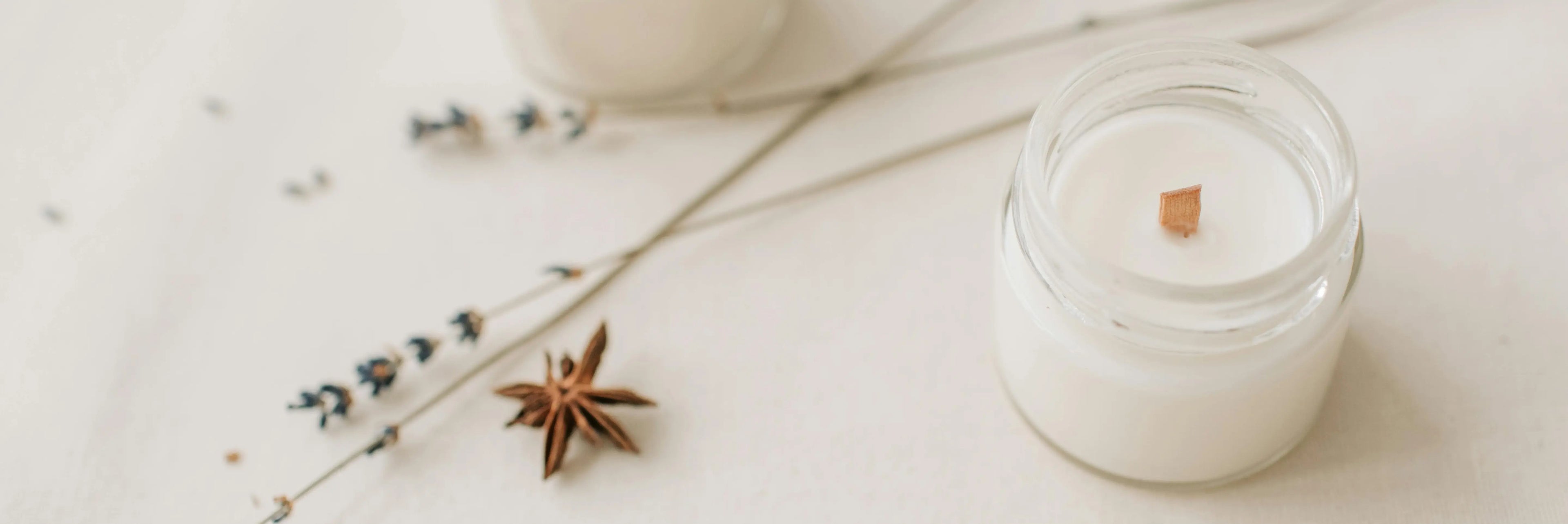 A panoramic view featuring an open candle with a wooden wick in a clear jar, accompanied by delicate dried flowers and a single star anise on a soft surface.