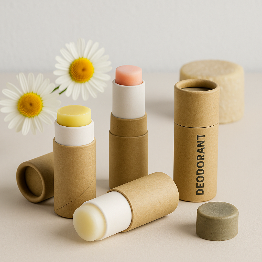 Four kraft push up paper tubes filled with solid balm and deodorant, displayed with chamomile flowers on a light beige surface, showcasing eco-friendly packaging options.