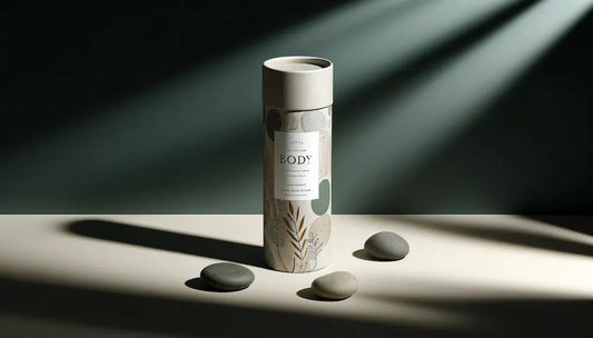 A cylindrical paper tube package with a minimalist design, labeled 'BODY,' is placed on a smooth surface surrounded by three small, smooth stones. The scene is softly lit with shadows creating a calm and natural atmosphere.