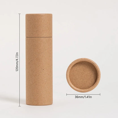 A standing brown paper tube beside its cap, detailed with dimensions, showcases a simplistic and sustainable packaging solution on a clean white backdrop, emphasizing an eco-conscious choice.