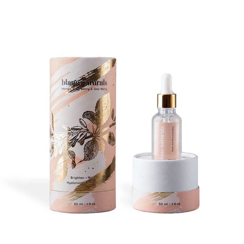 A cylindrical paper tube with a design that includes butterflies and floral elements in a soft color palette, which is designed to hold skin care serum 