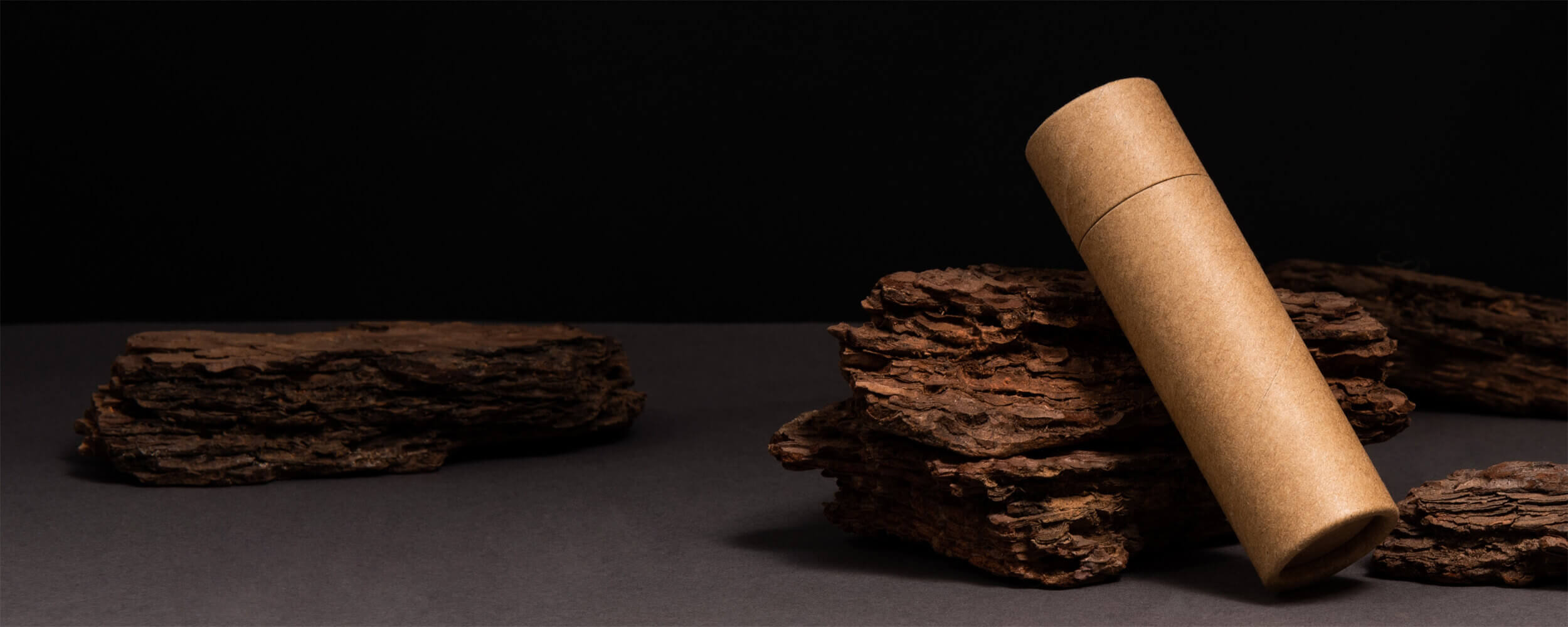A kraft paper tube lies diagonally across a dark surface, flanked by rugged pieces of bark, creating a stark contrast in textures and a rustic aesthetic.