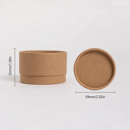 A cylindrical kraft paper container shown next to its lid, with dimensions displayed in wide, on a clean, white background.