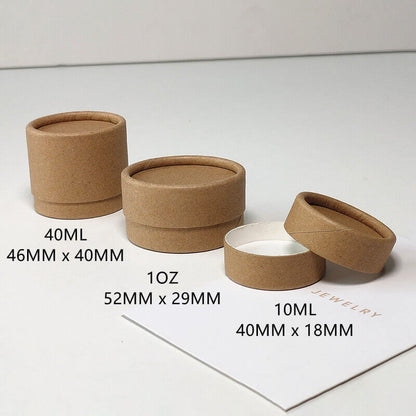 Open brown paper tubes with one lid off, displaying the white interior, alongside size and volume specifications on a white surface with "JEWELRY" text.