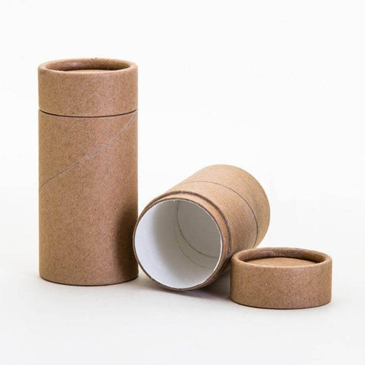 Two upright and one horizontal kraft paper tubes with visible lids, featuring a simple, eco-friendly design with a white interior, presented on a clean, white background.
